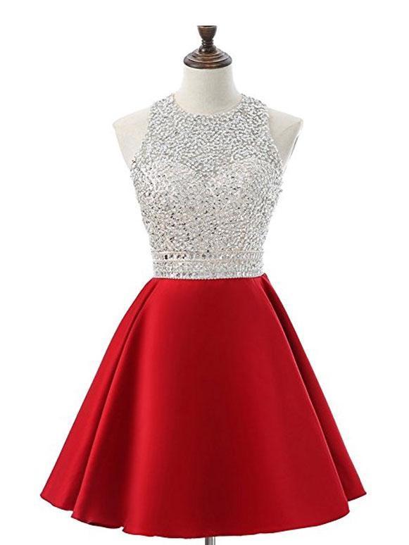 Cheap Halter Heavily Beaded Cute Red Homecoming Dresses 2018, CM475