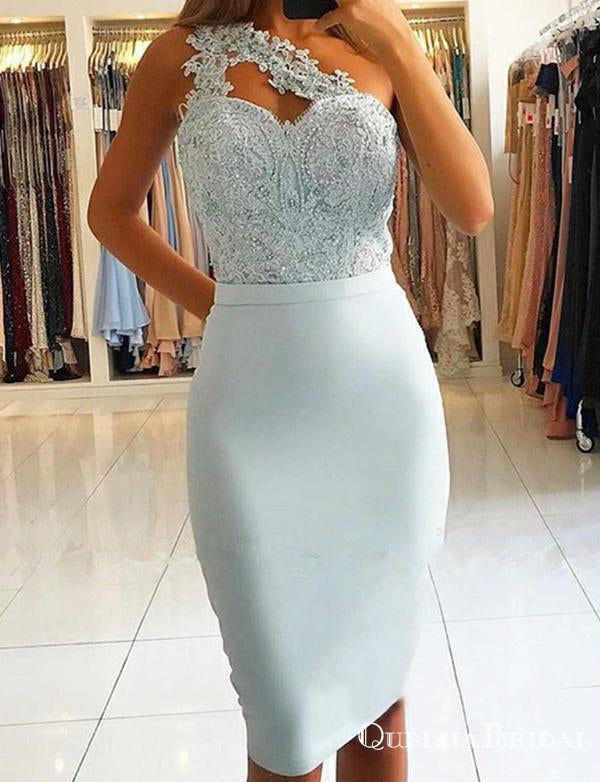 Elegant One Shoulder Mermaid 2019 Lace Short Homecoming Dresses, QB0835