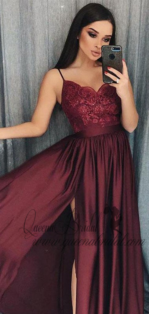 Maroon Spaghetti Straps Side Slit Long Evening Prom Dresses, QB0415