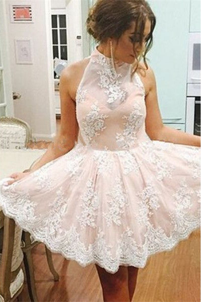 A-Line High Neck Appliques Short Cheap Pink Lace Homecoming Dresses, QB0067