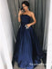 A-Line Straight Neck Sleeveless Navy Blue Long Prom Dresses With Beaded, QB0739