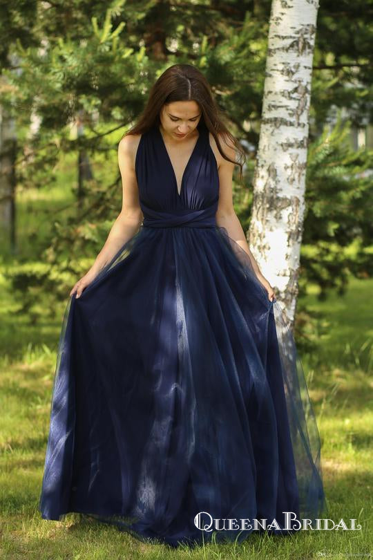 Simple Navy Blue V Neck Sleeveless Long Cheap Prom Dresses, QB0751