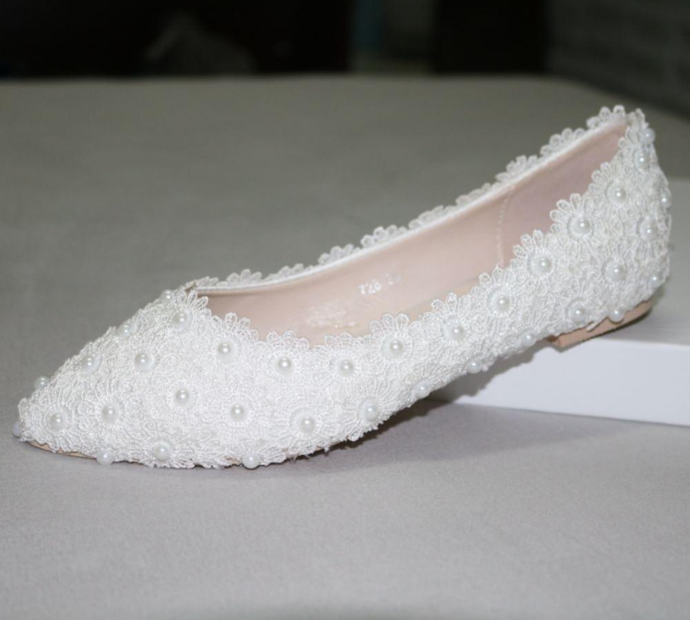 Pregnant Flat Heels Pearls Lace Pointed Toe White Wedding Bridal Shoes, S017