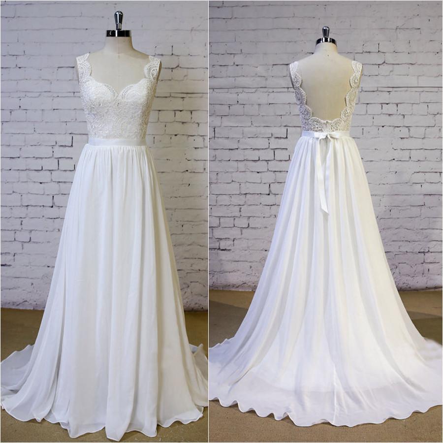 Cheap Backless V Neck Lace Straps Simple Beach Wedding Dresses, WD325