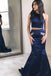 Navy Halter Two Pieces Mermaid Long Evening Prom Dresses with Little Beaded, QB0397