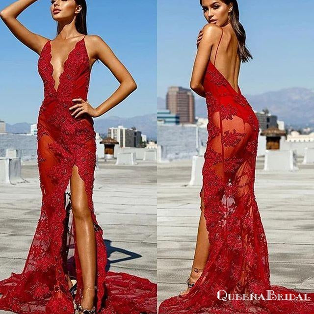 Sexy Red See Through Mermaid  Deep V-Neck Appliques Prom Dresses, QB0792