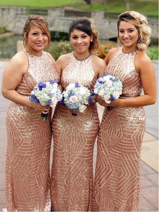 Gold Sequin Mermaid Halter Cheap Long Bridesmaid Dresses Online, WG283