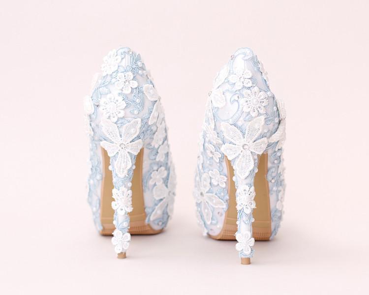 Handmade High Heels Round Toe Blue Lace Crystal Wedding Shoes, S0040