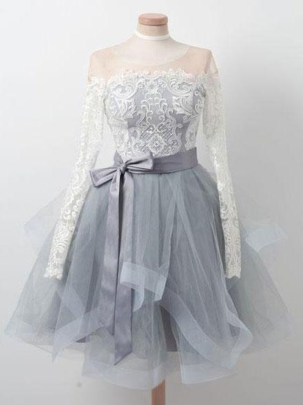 Long Sleeves Lace Grey Short Cheap Homecoming Dresses Online, CM576