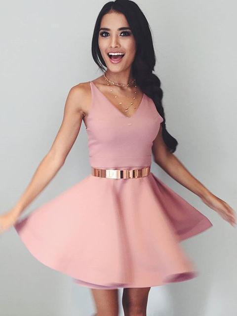 Dusty Pink V Neck Simple Short Cheap Homecoming Dresses Under 100, CM577