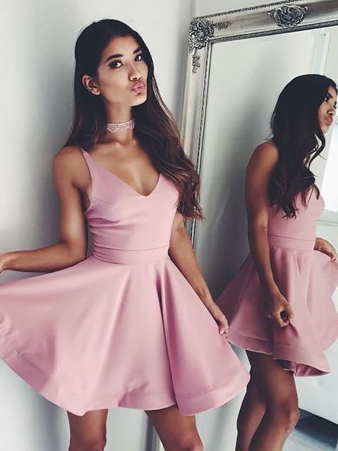 Dusty Pink V Neck Simple Short Cheap Homecoming Dresses Under 100, CM577