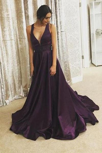 A-Line V-Neck Long Grape Satin Cheap Prom Dresses with Beading, QB0689