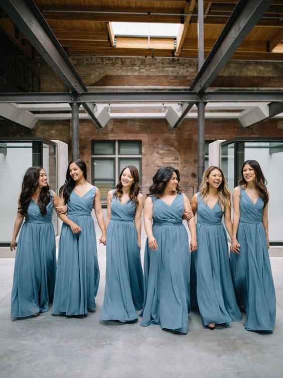 Chiffon V Neck Dusty Blue Long Cheap Bridesmaid Dresses Online, WG251