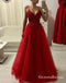 Charming V Neck Spaghetti Straps Dark Red Tulle Long with Beading Prom Dresses, QB0562