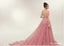 See Through Dusty Pink Lace A-line Long Evening Prom Dresses, QB0377