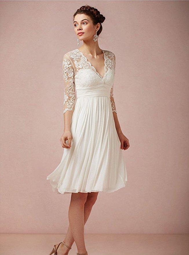 Cheap Long Sleeve Lace Short Beach Wedding Dresses, WD330