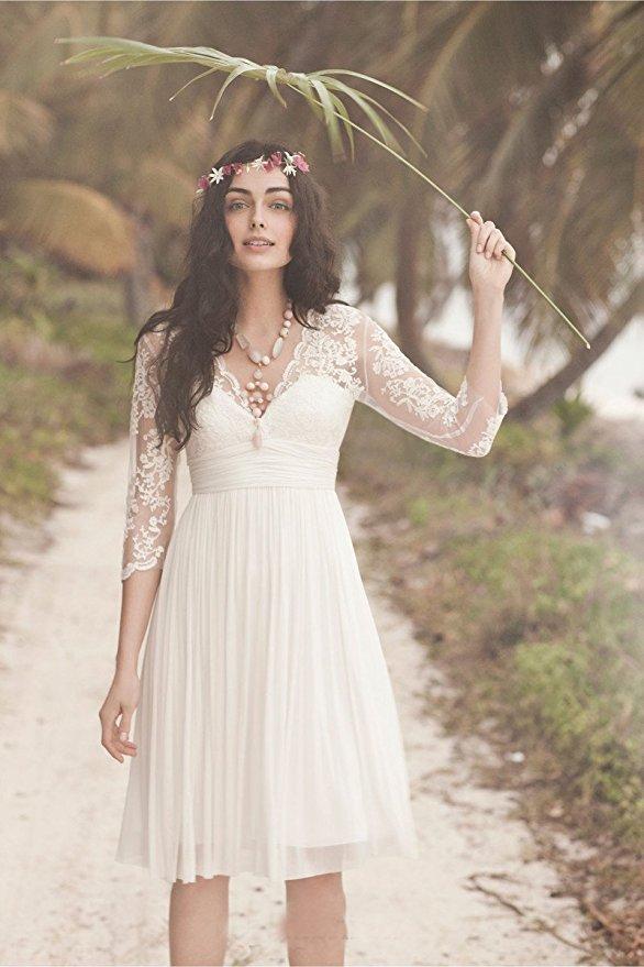 Cheap Long Sleeve Lace Short Beach Wedding Dresses, WD330