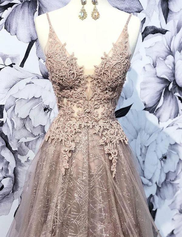 Champagne Long V Neck Appliques Prom Dresses With Beading, QB0612