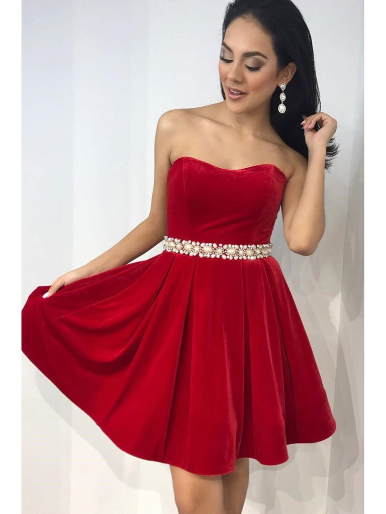 Scoop Red Simple Pearls Beaded Belt Cheap Short Homecoming Dresses Online, CM593