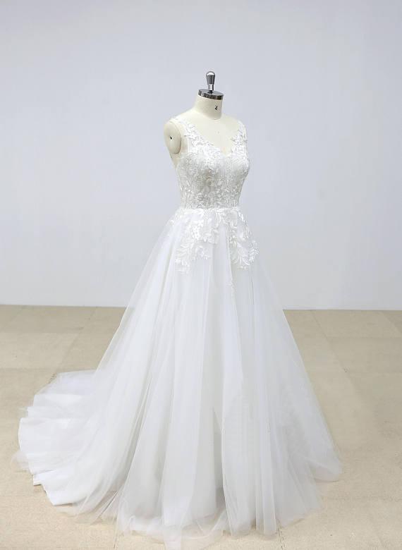 Elegant Backless Lace V Neck Tulle A-line Cheap Wedding Dresses Online, WD390