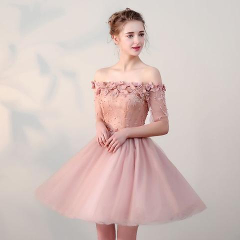 Dusty Pink Off Shoulder Short Sleeves Cheap Homecoming Dresses 2018, CM546