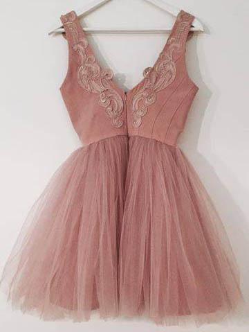 Dusty Pink V Neck Lace Cheap Short Homecoming Dresses Online, CM594