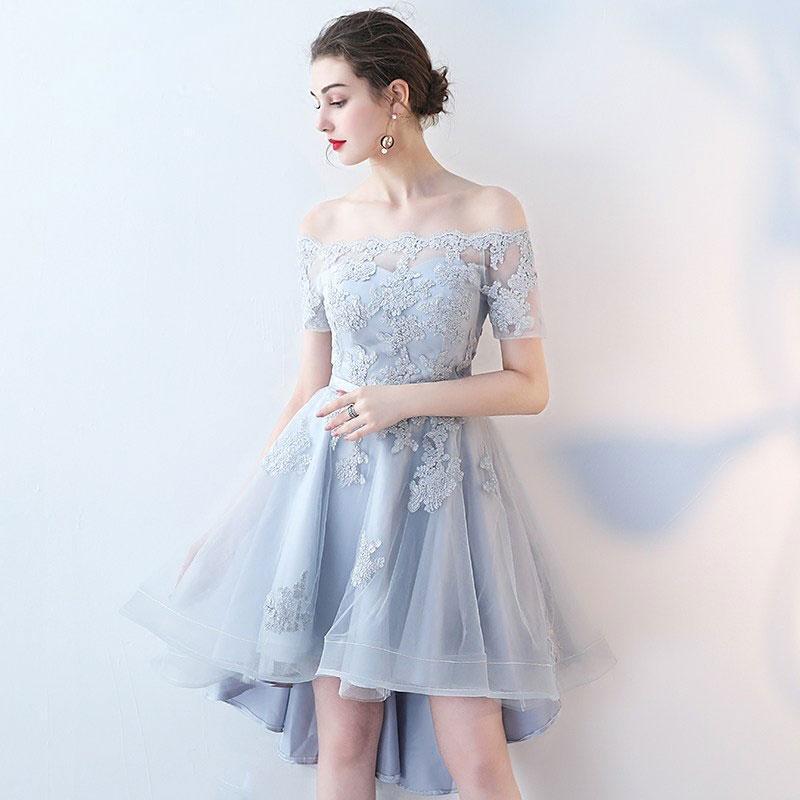 Short Sleeve Off Shoulder High How Dusty Blue Cheap Homecoming Dresses 2018, CM513