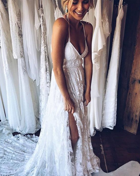 Sexy A-Line Straps Backless Court Train Lace Beach Long Wedding Dresses Online, QB0003