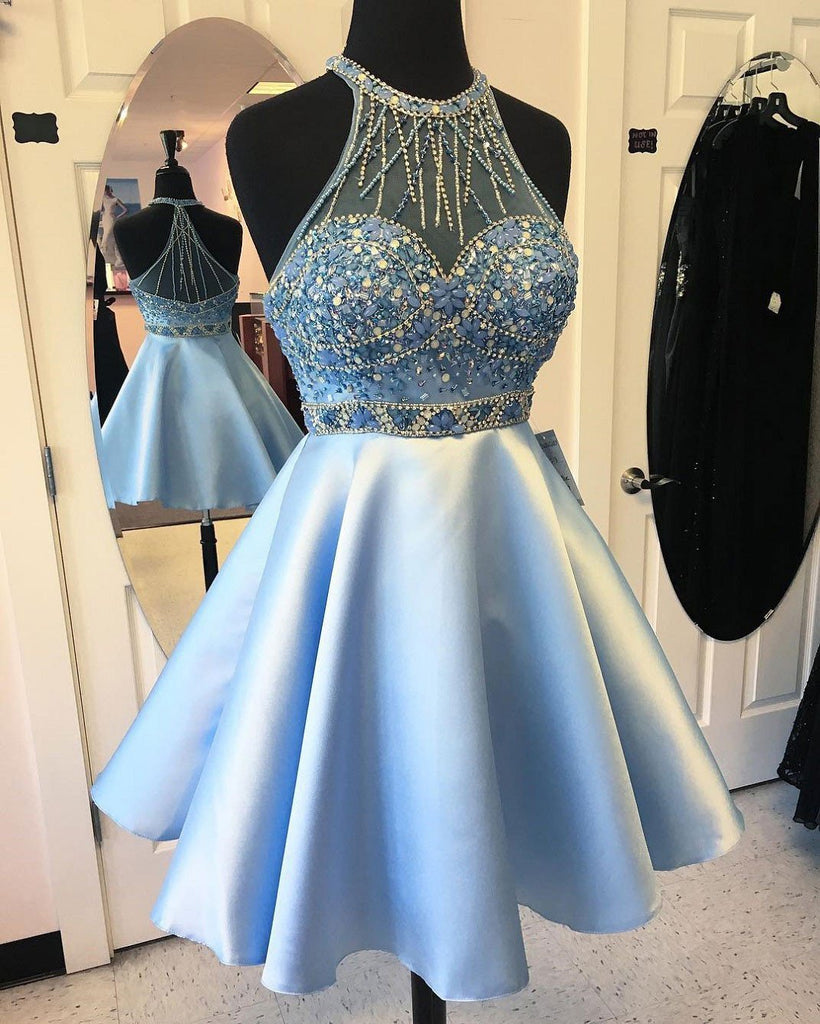 Elegant Blue Halter Beaded Cheap Short Homecoming Dresses Online, CM597