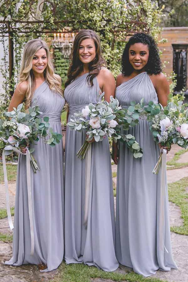 One Shoulder Dusty Blue Long Chiffon Cheap Bridesmaid Dresses Online, WG260