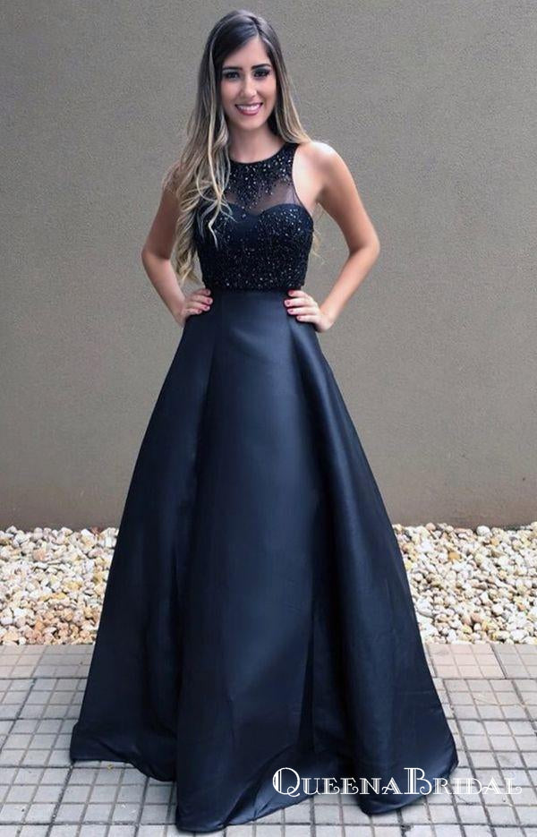 Cheap Black Beaded Long A-line Formal Ball Gown Prom Dresses, QB0604