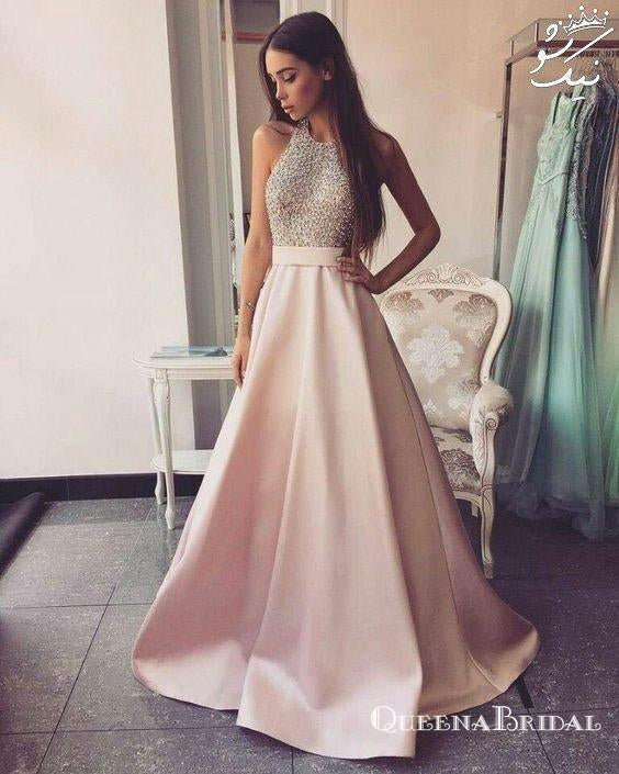 Charming A-Line Round Neck Pink Satin Long with Beading Prom Dresses, QB0564