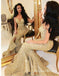 Stunning Mermaid V-neck Sequined with Long Gold Prom Dresses, QB0696