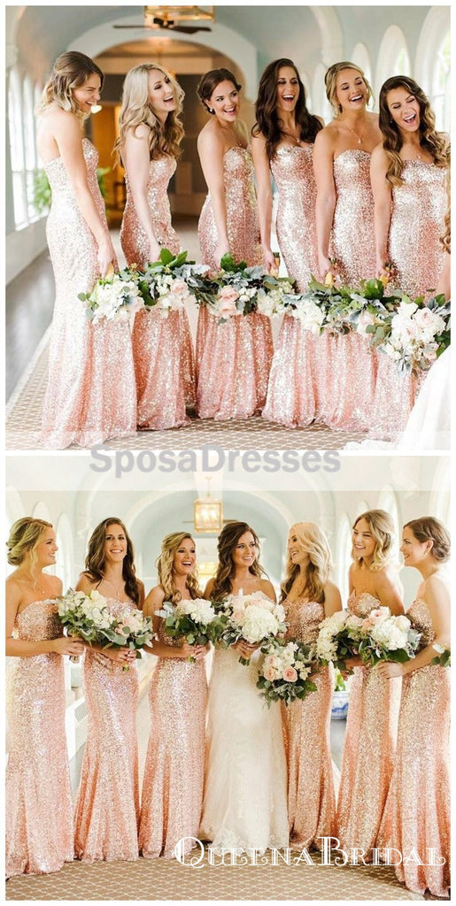 Rose Gold Sequin Mermaid Custom Long Bridesmaid Dresses, WG227