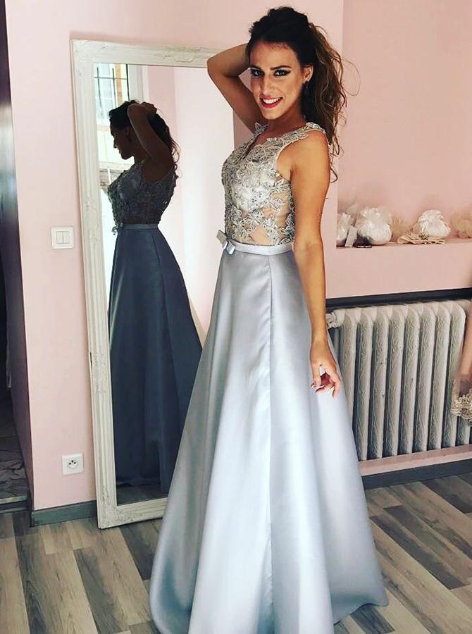 Sexy Lace See Through Grey A-line Long Evening Prom Dresses, QB0426