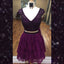 Two Piece V-Neck Beading Purple Short Cheap Homecoming Dresses with Lace, QB0183