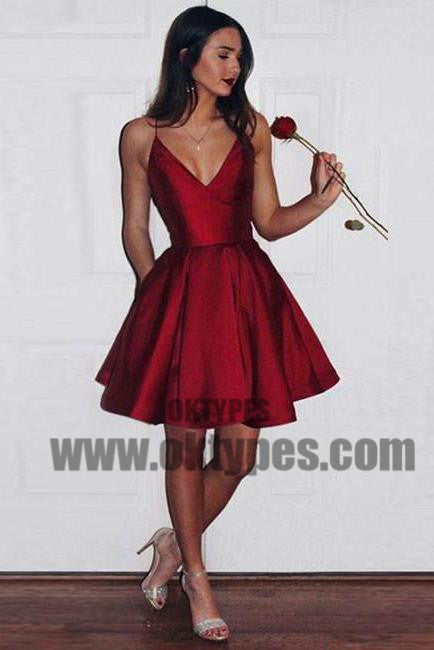 Simple Spaghetti Straps Short Dark Red Satin Homecoming Dresses with Pockets, QB0041