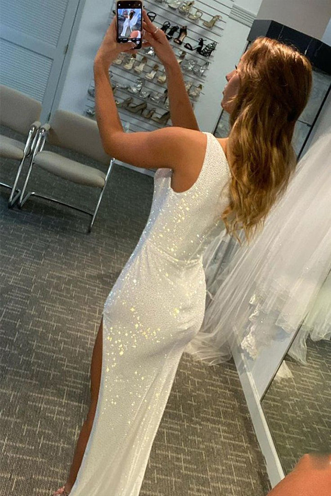 Sexy Ivory Mermaid One Shoulder Side Slit Maxi Long Prom Dresses,WGP272