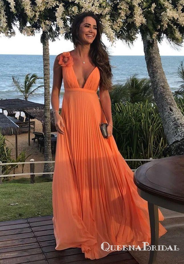 Gorgeous A Line V Neck Chiffon Orange Pleats Long Prom Dresses with Flower, QB0769