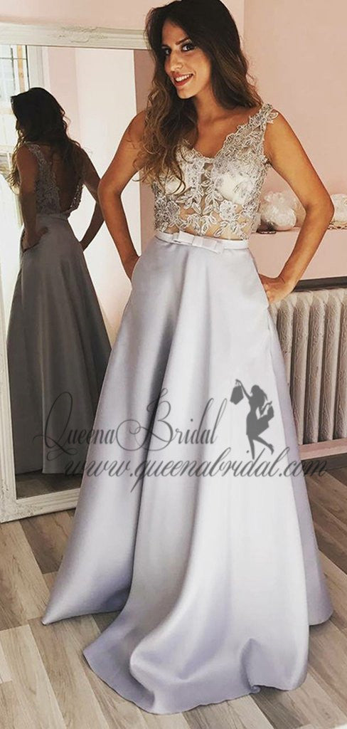 Sexy Lace See Through Grey A-line Long Evening Prom Dresses, QB0426