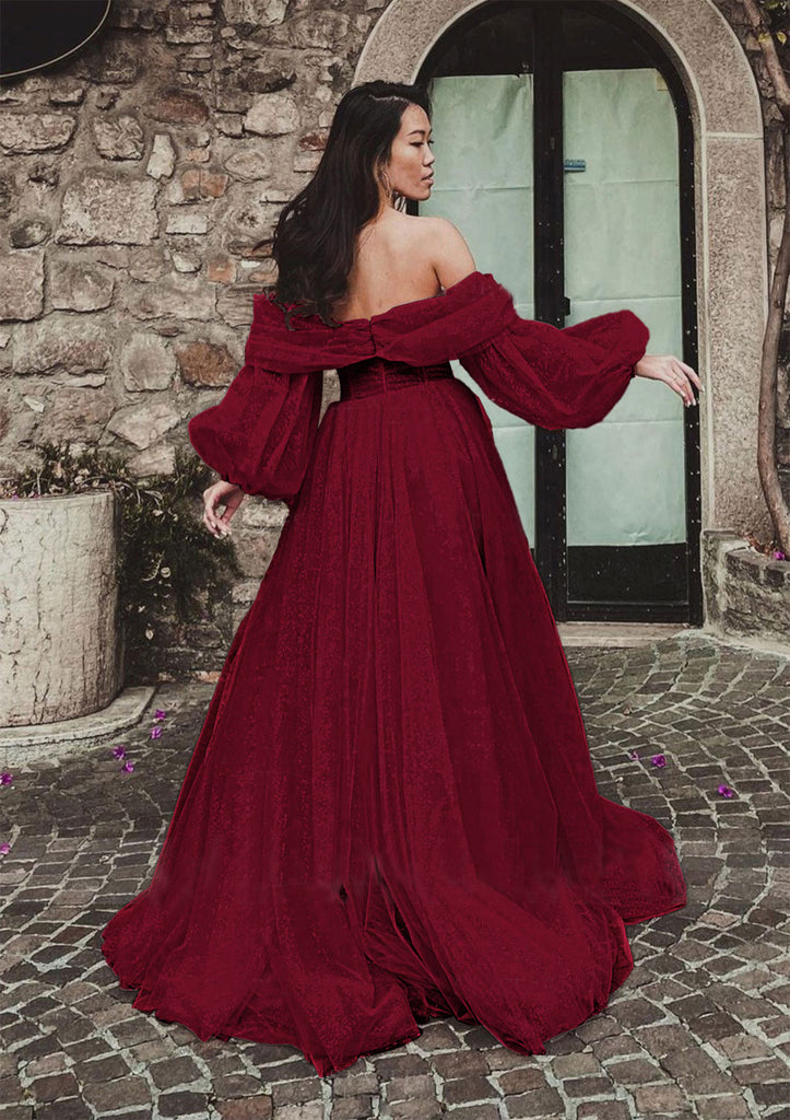 Gorgeous Burgundy A-Line High Slit Cheap Maxi Long Prom Dresses,WGP267