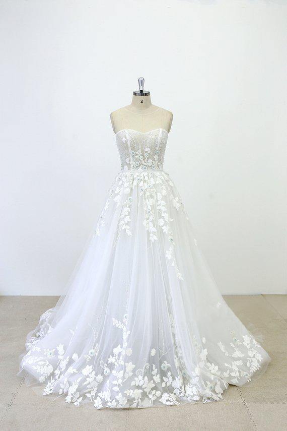 Strapless Lace See Through Beaded A-line Unique Wedding Dresses Online, WD391