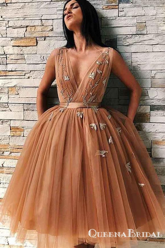 Chic V-Neck Sleeveless Brown Tulle Short Homecoming Dresses With Applique, QB0836