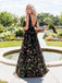 Black Embroidery V Neck Long Sexy Evening Prom Dresses, QB0442