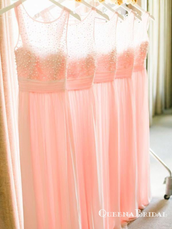 A-line Pearls Beaded Bodice Pink Chiffon Long Wedding Party Bridesmaid Dresses, QB0649