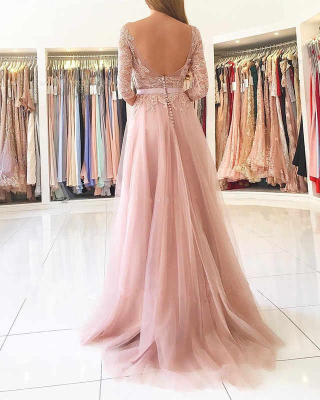 Sexy Split Blush Pink Long Sleeve Lace Evening Prom Dresses, Sexy Party Prom Dresses, PDS0080