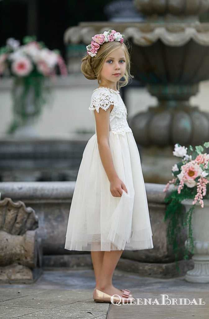 Charming Ivory Tulle Round Neck Short Sleeve Long Cheap Flower Girl Dresses, FGS0007