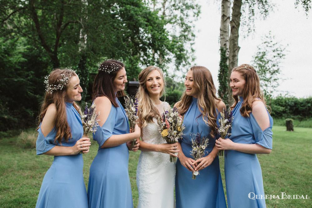 Unique Desigh Halter Neckline Short Sleeves A-line Long Cheap Blue Jersey Bridesmaid Dresses, QB0947