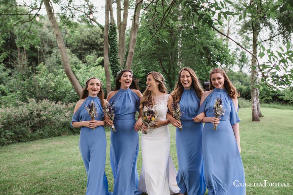 Unique Desigh Halter Neckline Short Sleeves A-line Long Cheap Blue Jersey Bridesmaid Dresses, QB0947