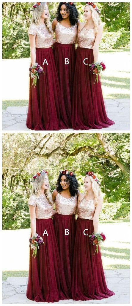 Short Sleeves Gold Sequin Burgundy Skirt A-line Long Bridesmaid Dresses Online, WG253